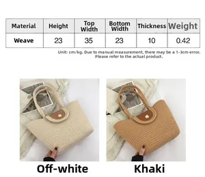 Detailed size chart and dimensions for woven straw bucket bag with pearl closure