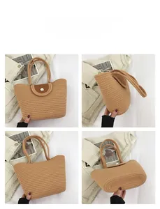 Detailed views of a hand-woven tote bag with brown leather flap and pearl accent