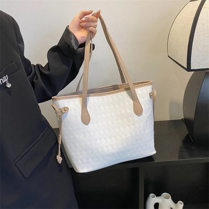 Large Capacity Tote Bag PU Leather Quilted Diamond Pattern Contrast Shoulder Straps Side Drawstring Retro Commute Women