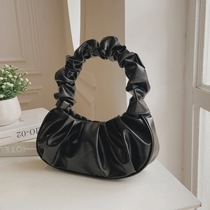 Chic black pleated cloud bag with ruched handle and high-quality faux leather texture