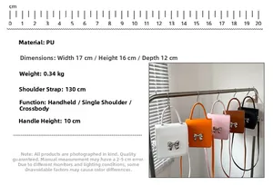 Mini PU square bag details showing 17x16x12cm size, bow decor, and five color options