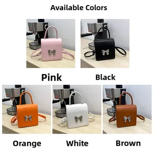 Detailed comparison of mini square handbags in five colors with silver bow metallic buckles