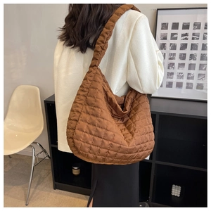 Brown quilted puffer shoulder bag with large capacity and soft pleated texture