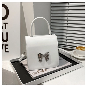 Detail of white leather mini bag featuring a silver metal bow buckle on a magazine