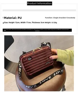 Detailed specs and size guide of a wine red mini suitcase bag with wide LOVE strap