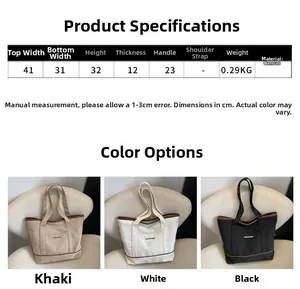 Guide des tailles de cabas en toile avec dimensions et coloris kaki, blanc et noir