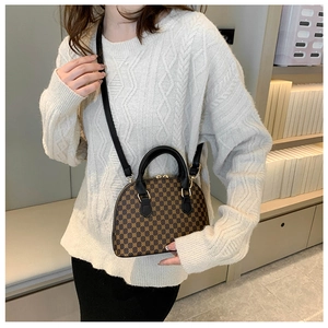 Brown monogram shell bag with double gold zippers and detachable strap worn by model