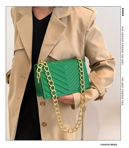 Detail of green quilted crossbody bag with gold chain and V-shaped stitching pattern
