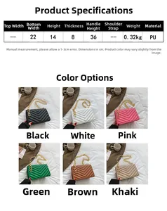 Detailed size specifications and multiple color variants of the quilted PU chain bag
