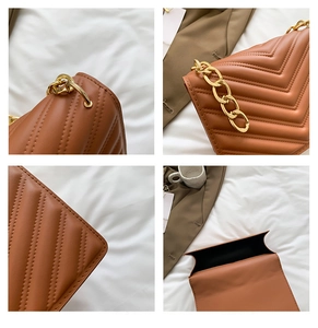 Detail of V-quilted brown crossbody bag with gold chain strap and stitching