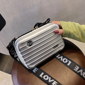 Silver mini suitcase crossbody bag with LOVE logo wide shoulder strap and metal hardware