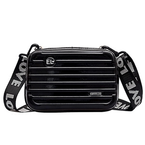 Mini luggage style hard shell crossbody bag in black with horizontal stripes and wide strap