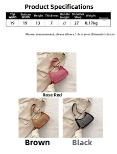 Detailed size chart and multi-color view of rhinestone hobo bag with dimensions