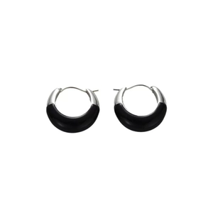Minimalist silver finish half-hoop earrings with black enamel drip oil design