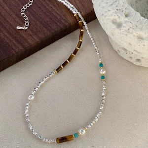Handmade necklace with silver beads, turquoise, pearls and tiger eye stones for women