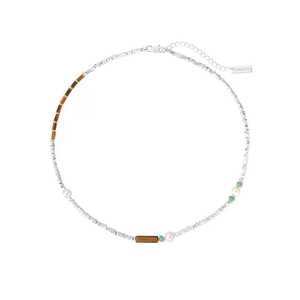 Handmade beaded necklace with silver nuggets, turquoise, pearls and tiger eye stone beads
