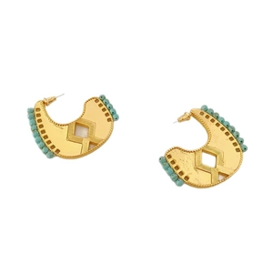 Tribal style gold plated earrings with geometric patterns and turquoise beads