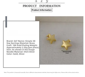 Dettaglio orecchini a stella placcati oro 18K con dimensioni 1,6cm e perno in argento S925