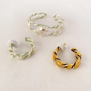 Bijoux Vintage Bohème Corde Tressée Laiton Boucles D'oreilles En C Avec Tige En Argent 925 Et Bracelet Ouvert