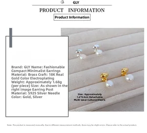 Détails de boucles d'oreilles détachables en laiton plaqué or 18K avec perles et tiges en argent S925