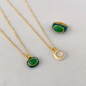 Vintage Kupfer Vergoldet Halskette Und Ring Für Damen Weißes Perlmutt Grüner Malachit Emaille Schmuck Zubehör