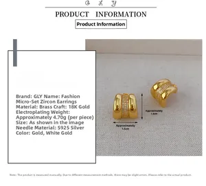 Dettagli di orecchini a cerchio placcati oro 18K con zirconi e perni in argento S925