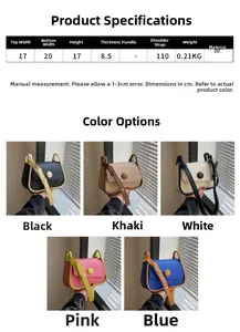 Detailed size chart for the PU leather crossbody bag featuring five color variations