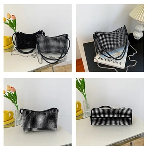 Detailed views of sparkling silver rhinestone handbag with chain and leather straps