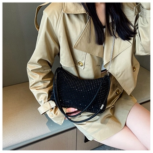 Fashionable black rhinestone hobo bag with sparkling crystals and metal chain strap details