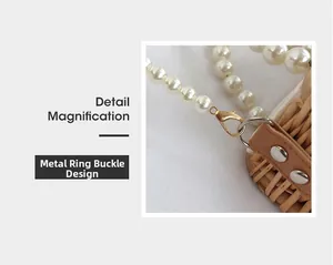 Detail magnification of the hardware buckle and white pearl strap on the woven straw bag