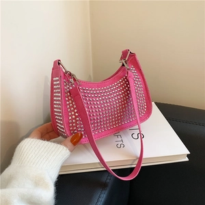 Women Vintage Rhinestone Studded Hobo Shoulder Bag PU Leather Crescent Underarm Handbag Y2K Streetwear Party Purse