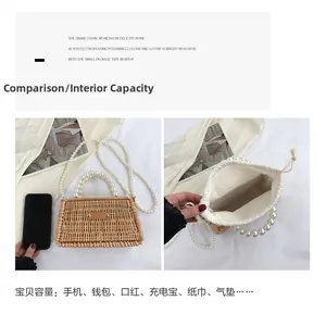 Detail showing pearl handle, drawstring lining, and size comparison of the woven bag