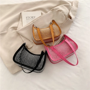 Sparkling rhinestone crescent hobo bags in brown, pink, and black colors
