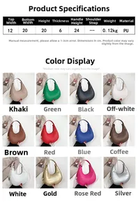 Size chart and color options for the croc-effect faux leather crescent moon shoulder bag