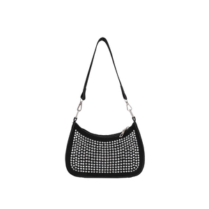 Elegant black suede crescent bag with silver rhinestones and adjustable strap