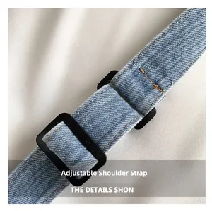 Close-up of adjustable blue denim strap with orange stitching and black plastic buckle