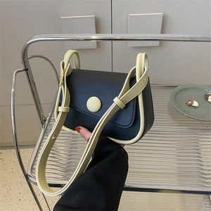 Women Retro PU Leather Contrast Color Saddle Shoulder Bag Minimalist Round Buckle Crossbody Bag Small Fashion Commuting Handbag