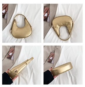 Golden crescent hobo bag with crocodile pattern showing front, back, top, and side views