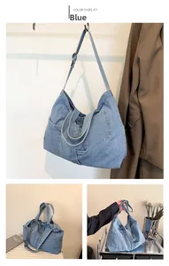 Detail of blue denim tote bag with adjustable shoulder strap and front utility pocket