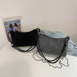 Chic black hobo bag with sparkling rhinestones and silver chain strap for women