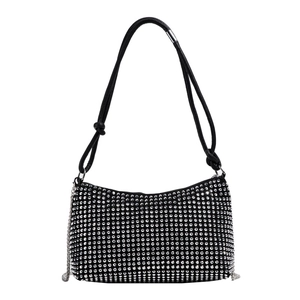 Sparkly black rhinestone shoulder bag with crystal embellishments and silver chain straps