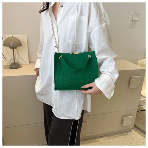 Detail of green crocodile embossed felt tote with golden chain and top handle on model