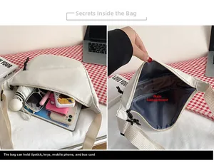 Vue intérieure du sac bandoulière en nylon beige montrant une grande capacité pour tablettes