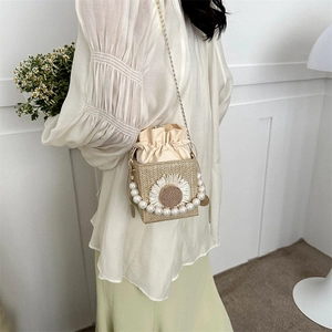 Minimalist square straw crossbody bag with white 3D flowers and pearl handle