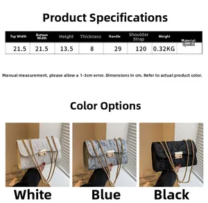 Detailed dimensions of ruffled chain bag showing width 21.5cm, height 13.5cm and color options