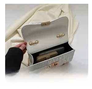 Interior view of white pleated bag showing capacity for phone and wallet with chain