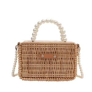 Handwoven rectangular rattan bag with pearl handle and detachable long shoulder strap