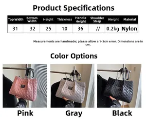 Size chart and color options for the quilted nylon tote bag in pink, grey, and black