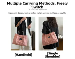 Pink quilted tote bag detail showing dual carrying styles with chain shoulder straps