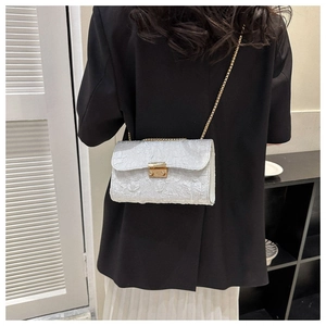 Silver pleated oxford crossbody bag with gold chain and buckle on a fashion model